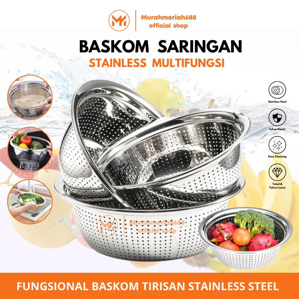 MM - A060 - SARINGAN TIRISAN BASKOM SERBAGUNA - BAKUL NASI LUBANG TANPA TUTUP STAINLESS STEEL - BASK