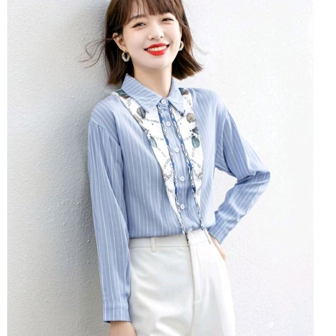7646 Baju atasan kemeja DOUBLE COLLAR lengan panjang putih biru salur garis Korea Korean style wanit
