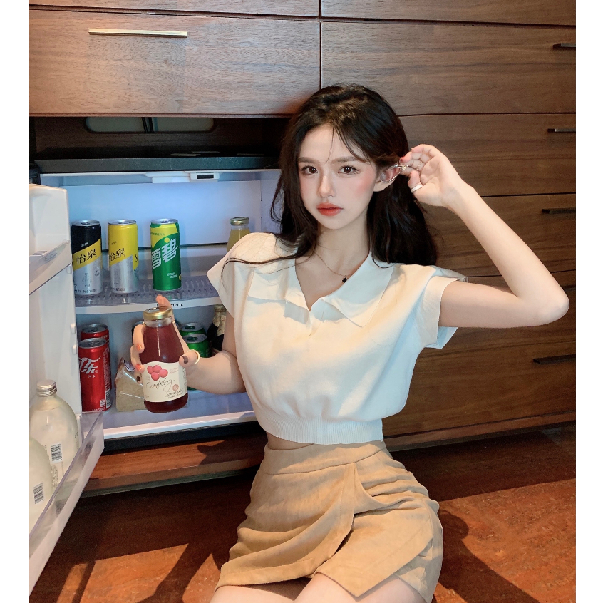 Kaos Rajut Lengan Pendek Wanita Polos Crop Top Korean Style Knit Baju Atasan Wanita Terbaru