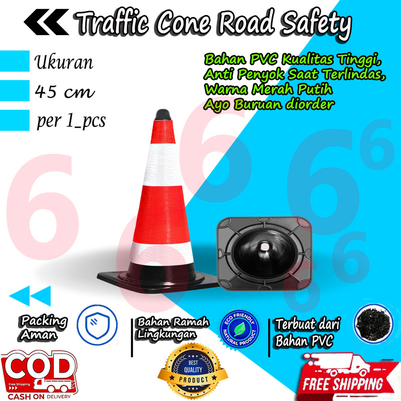 TRAFFIC CONE KERUCUT LALU LINTAS BAHAN PVC LENTUR ANTI PECAH TINGI 45 CM MURAH COD