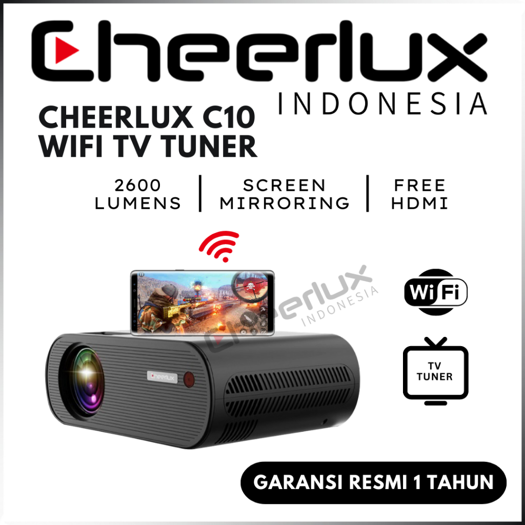 CHEERLUX INDONESIA | C10 WIFI TV TUNER | C10 PROYEKTOR MIRRORING KONEK HP 2600 LUMENS 1080P