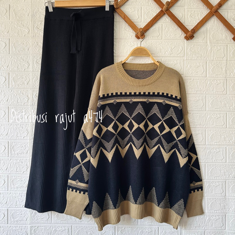 ONESET SWEATER RAJUT YUNA SETELAN CELANA KULOT RAJUT WANITA