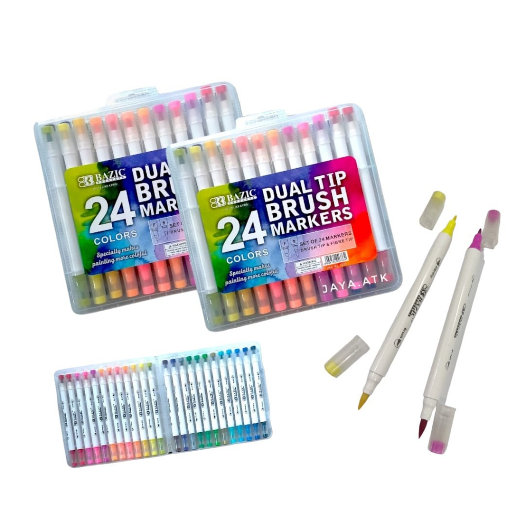 SPIDOL BRUSH PEN MARKER DUAL TIP 24 WARNA BRUSH &amp; FIBRE TIP 1239 BAZIC