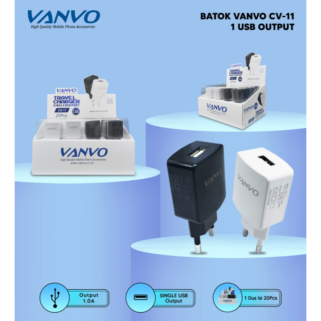 BATOK ADAPTER  CHARGER KEPALA CASAN VANVO CV-11 1 USB OUTPUT 1.0A HARGA @1PCS