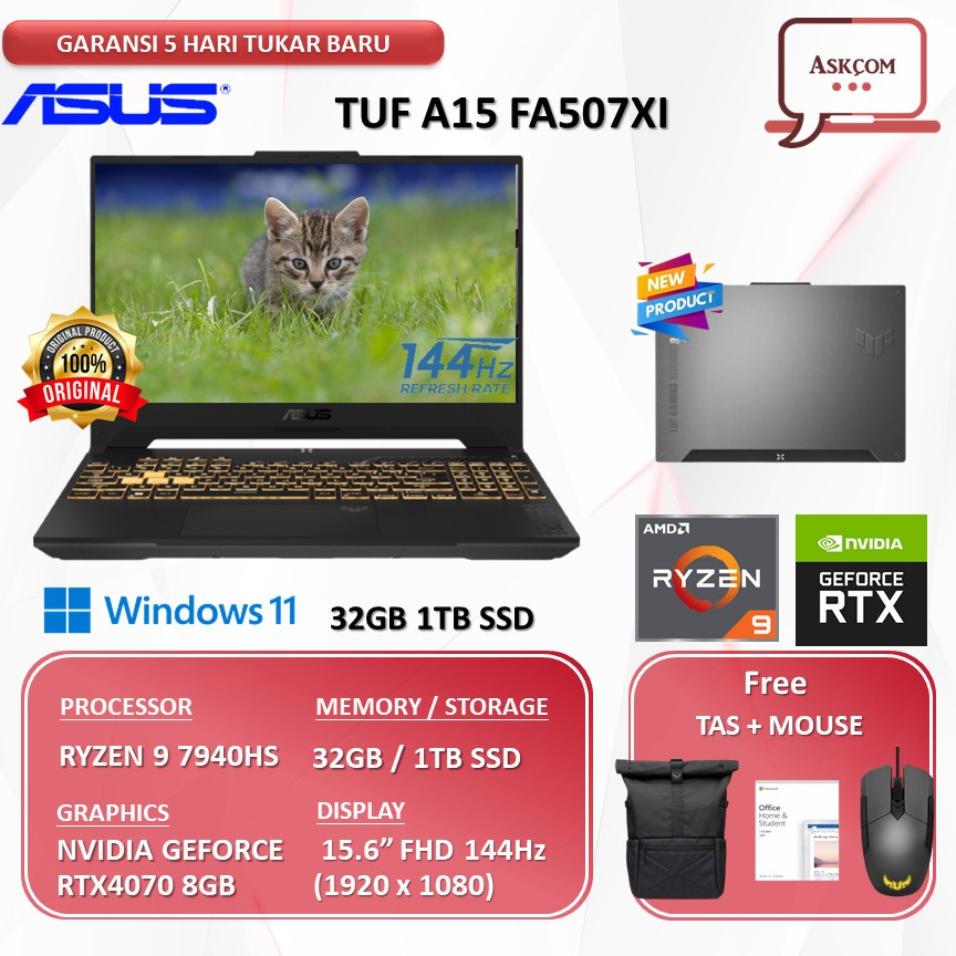 Laptop Gaming Asus Tuf A15 FA507XI R947K6G-O RTX4070 8GB RYZEN 9 7940HS 16GB 1TBSSD W11 OHS21 15.6FHD 144HZ