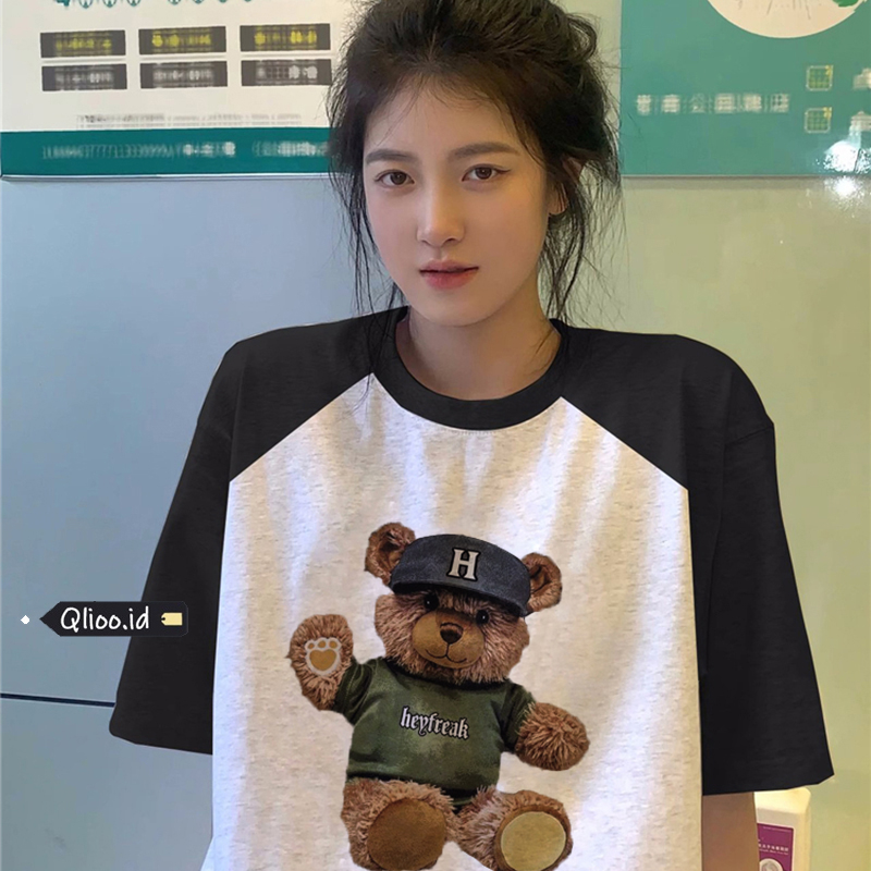 Print T-shirt Kaos Lengan Pendek Retro Bear Printing Oversize Atasan Wanita Korean Style