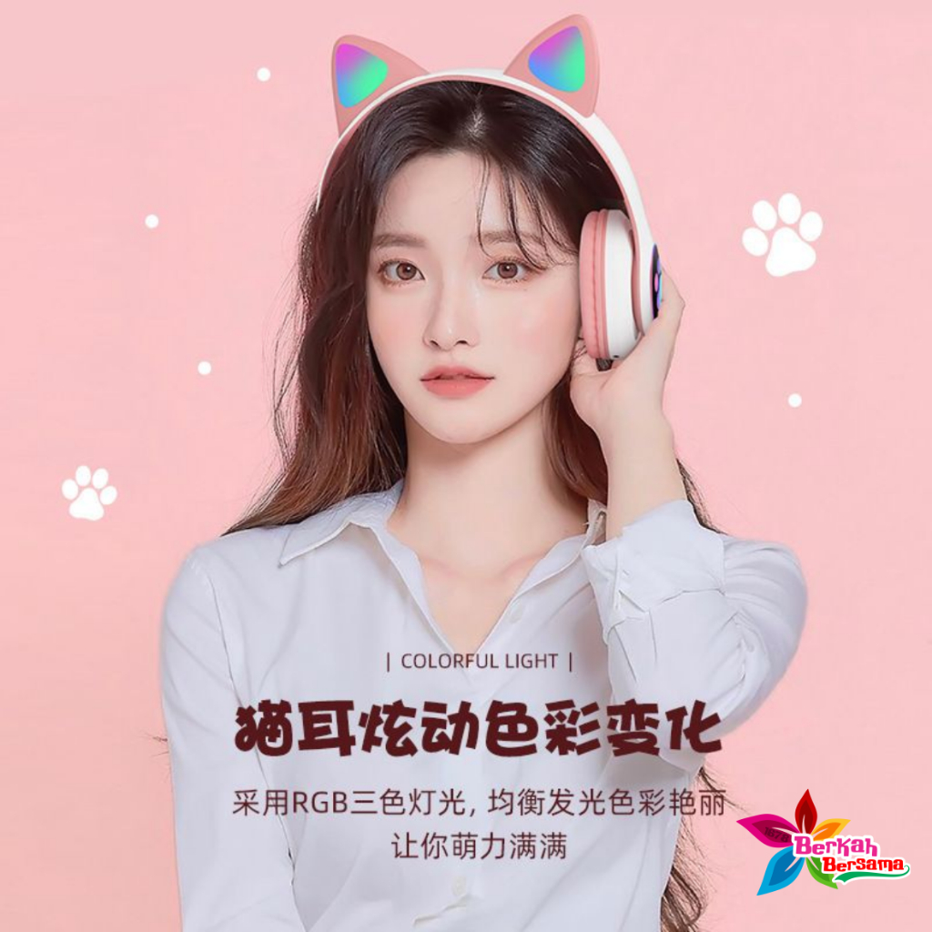 Hf bando headphone B39 STN28 Kucing Karakter LED Color Headset Gaming Bluetooth Wireless Game Headset Cat Ear LED Bando anak Perempuan Cewek Wanita Headset Led RGB Headset Komputer Headphone Laptop BB8615