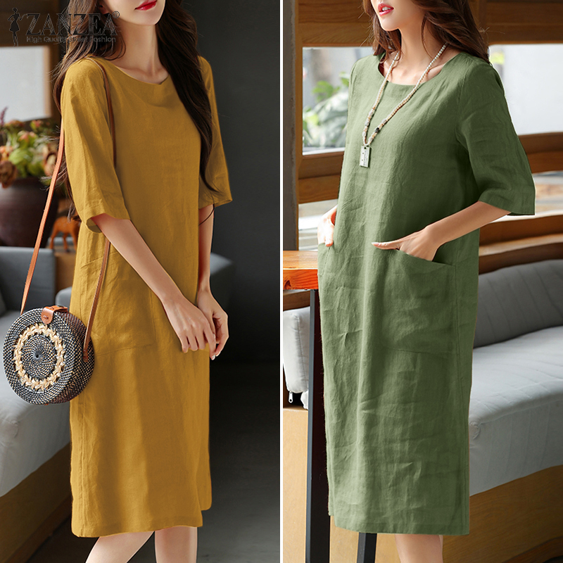 ZANZEA Women Daily Casual Retro Half Sleeves Solid O-Neck With Pockets Mid Length Dress