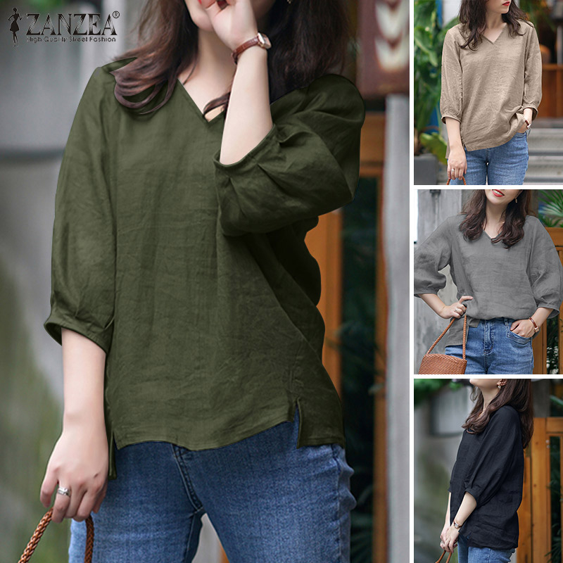 ZANZEA Women 3/4 Sleeved V-Neck Holiday Baggy Causal Solid Color Blouse