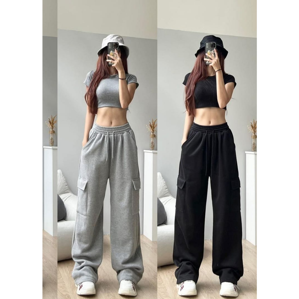 JOOY SWEET PANTS CARGO - CELANA KULOT PANJANG WANITA - BASIC CARGO PANTS SWEAT