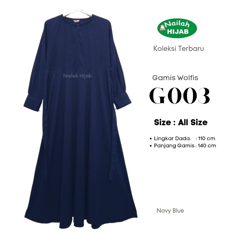 G003 Gamis Kaisa basic Daily Wolfis Polos Navy Blue All Size