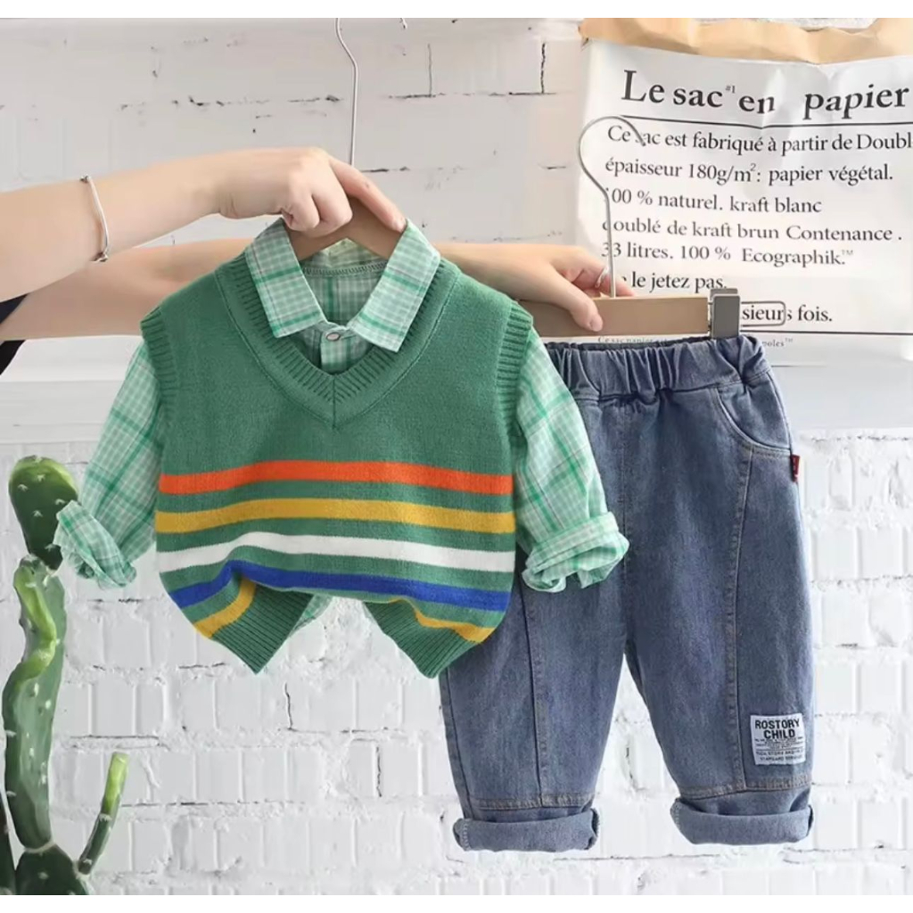 SETELAN 3IN1 RAJUT ,KEMEJA DAN CELANA JEANS PANJANG ANAK IMPORT USIA 1-5 TAHUN MOTIF PELANGI TERBARU DAN TERLARIS/ OUTFID ANAK KEREN MURAH/ FASHION PAKAIAN BAYI