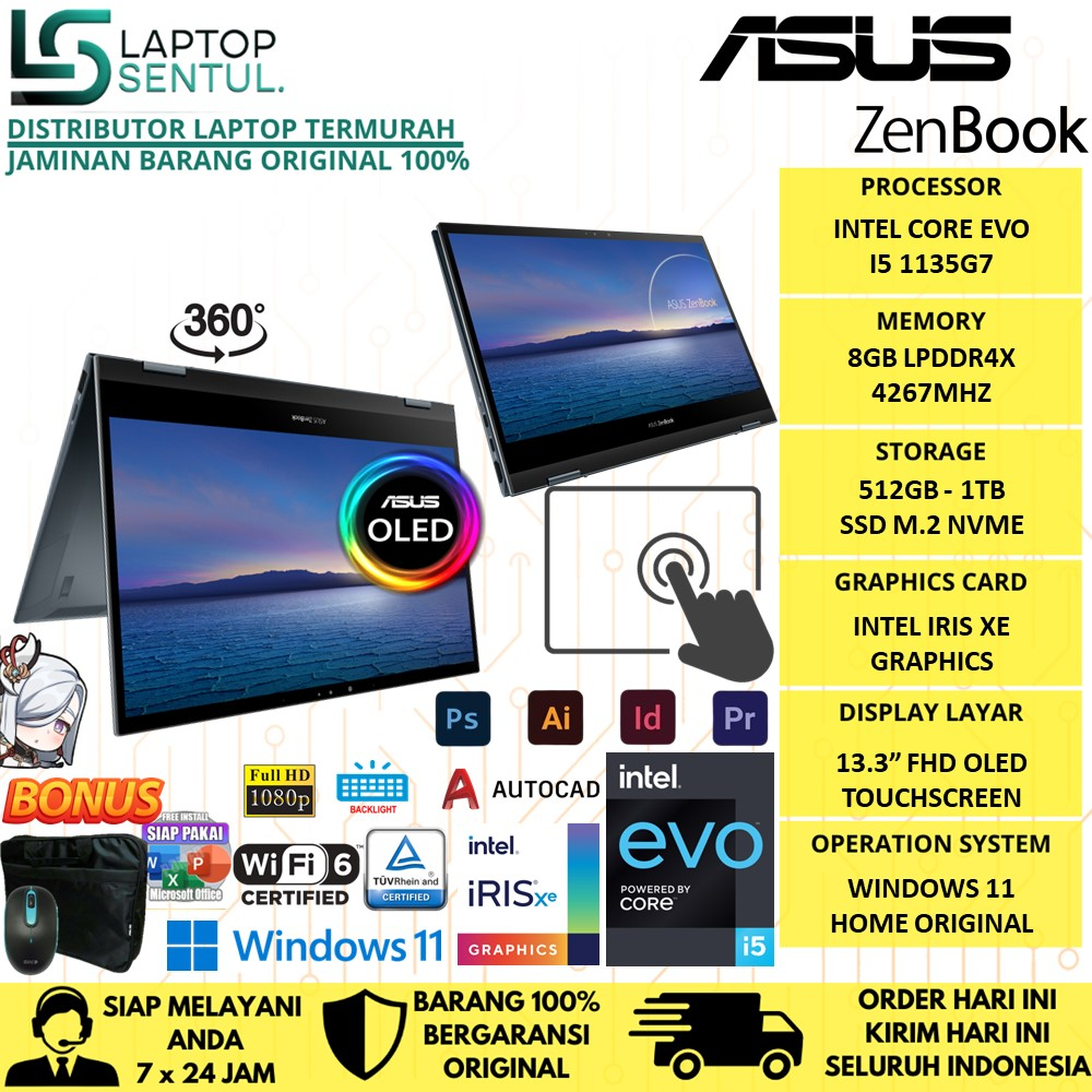 Laptop Asus Zenbook Flip 13 2in1 ux363ea Intel Evo i5 1135G7 RAM 8GB SSD 512GB Touch OLED Windows 11 Original