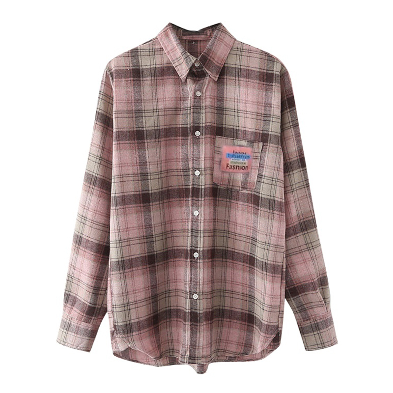 Korean Style Oversize Retro Panjang Lengan Semua Pertandingan Pink Korea Plaid Shirt