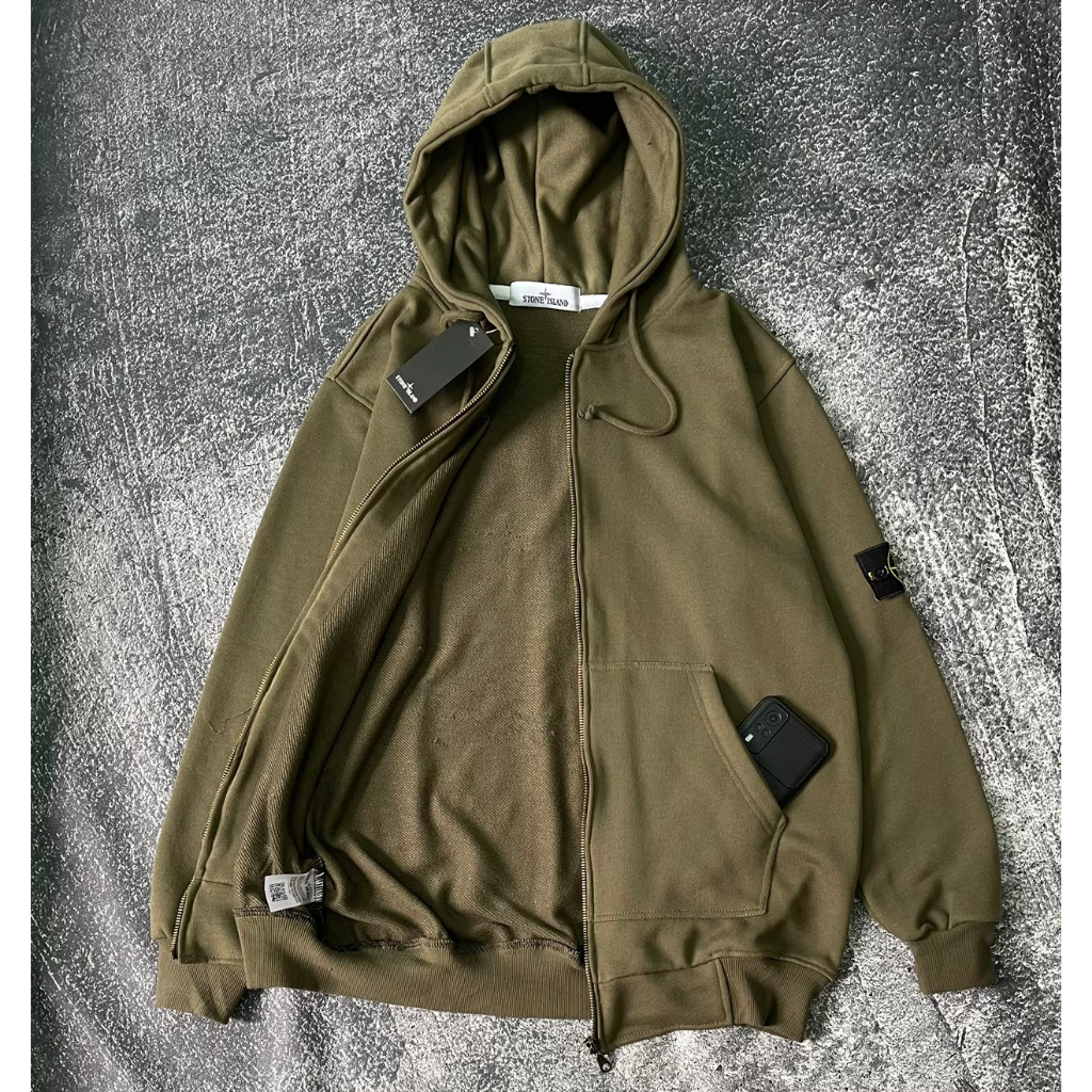 Jaket Sweater Zipper STONE ISLAND Basic Hijau Army Fulltag