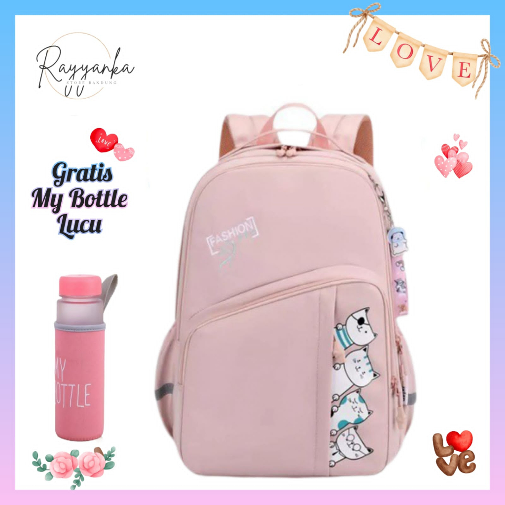 Ransel Anak Perempuan Model 4 Little Cat Kawaii Gratis Botol Minum Untuk Anak Sd Smp Sma