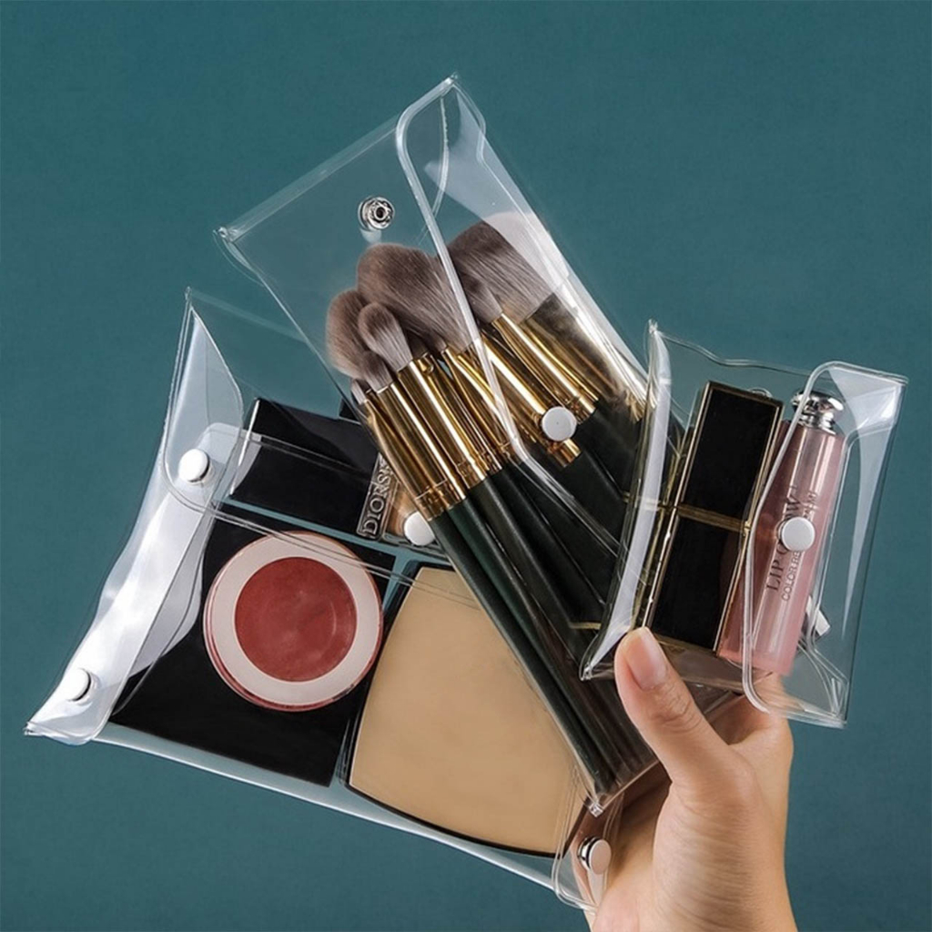 Pouch make up dompet kosmetik mini lucu transparan bening polos persegi aesthetic estetik simple serbaguna organizer bag travel traveling plastik pvc tebal waterprof anti air