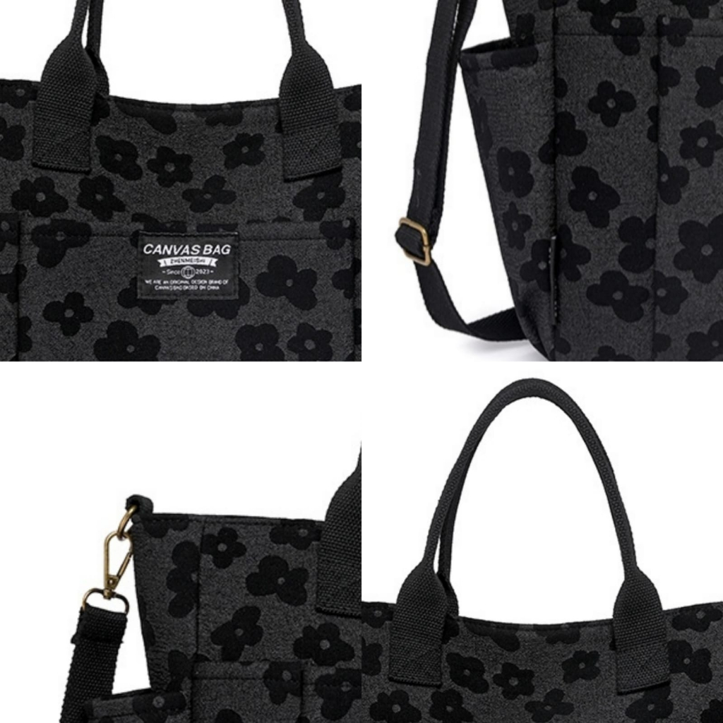 TAS SELEMPANG WANITA IMPORT BRANDED KULIAH KERJA CEWEK REMAJA KOREA BESAR KANVAS BUNGA MOTIF HITAM QUIBECA PREMIUM SLING BAG SHOULDER JINJING MURAH TA833B5 KEKINIAN SIMPLE