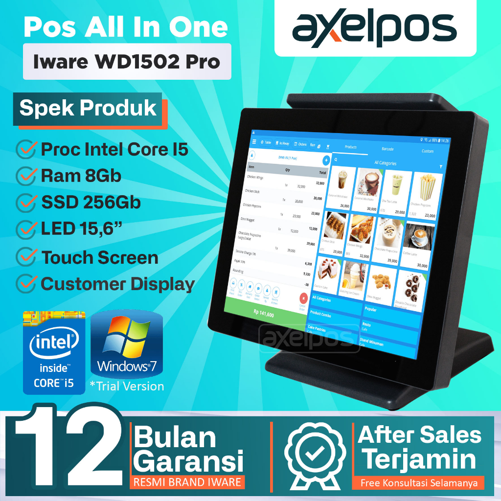 Axelpos Pos All in One Mesin kasir Touchscreen Intel Core I5 Ram 8gb / Ssd 256Gb Iware WD-1502 Pro