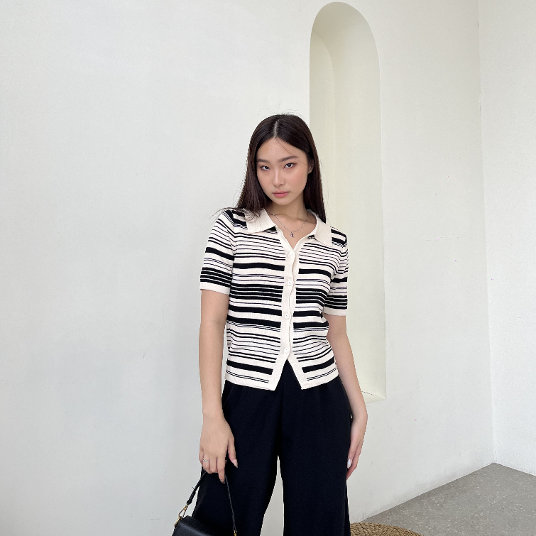 Mirei Stripes Knit Top / Atasan Rajut / Blouse Casual / Polo Top / Korean Style