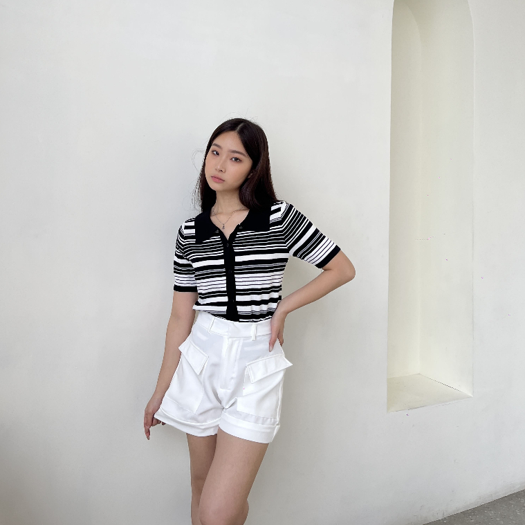 Mirei Stripes Knit Top / Atasan Rajut / Blouse Casual / Polo Top / Korean Style