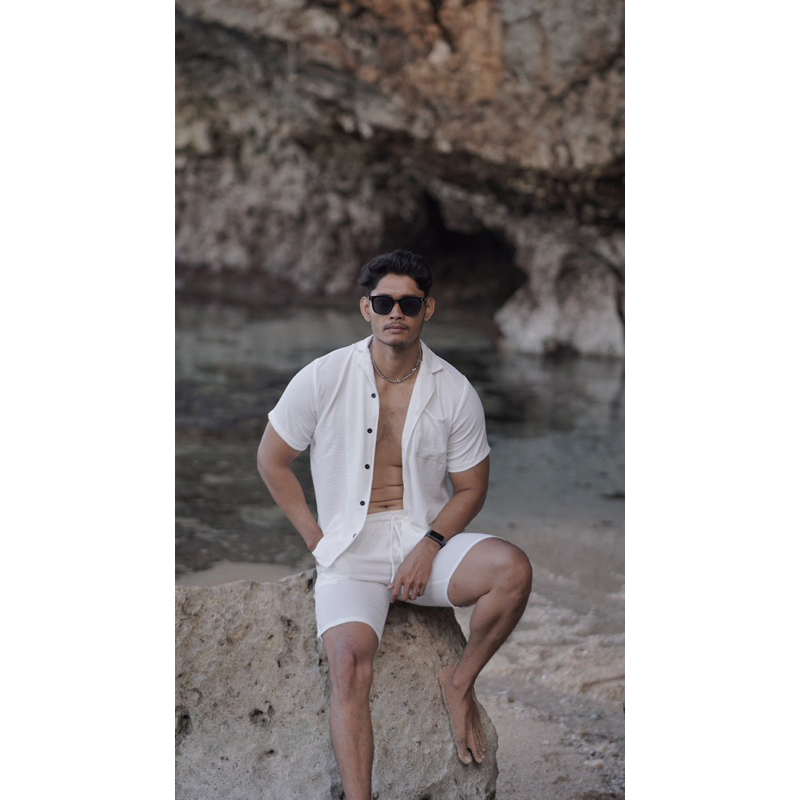 Baju Set Pantai Pria Putih / Setelan Pria / Baju Santai / Baju Pantai / Celana Pantai