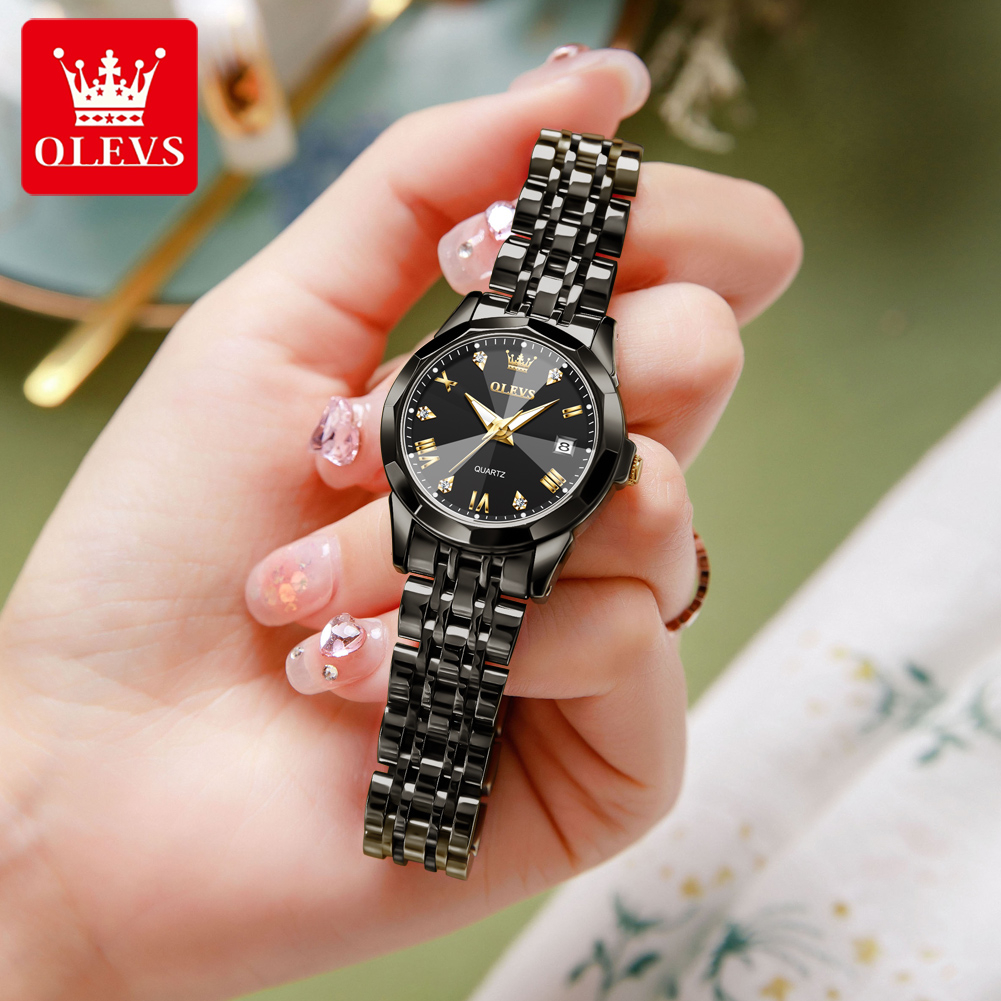 New- OLEVS Jam Tangan Wanita Anti Air Original Cewek Kalender Bercahaya Analog Luminous Stainless
