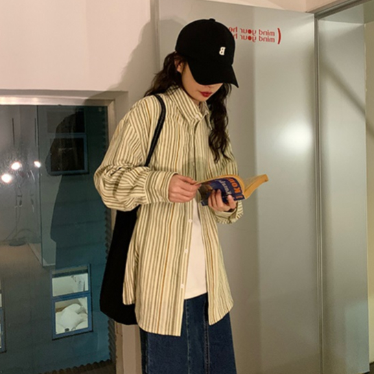 Korean Style Oversize Retro stripe causual baju atasan wanita kekinian premium blouse wanita kemeja wanita lengan panjang