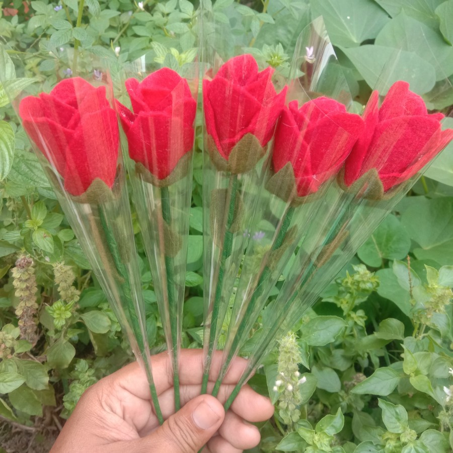 Bucket bunga mawar flanel pertangkai plastik bunga carft