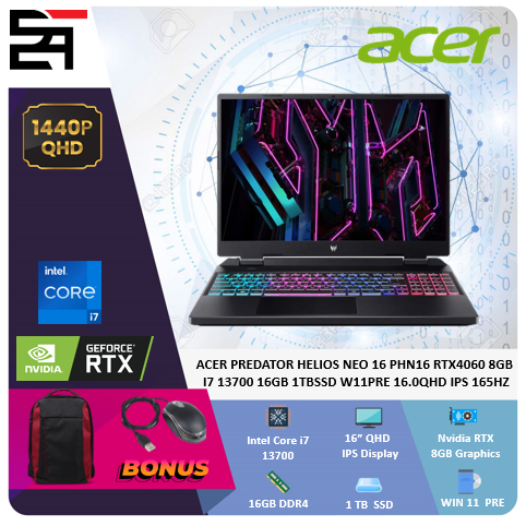 Acer Predator Helios Neo 16 RTX4060-8GB Core i7 13700 16GB 1TBSSD W11PRE 16 Inchi QHD IPS 165Hz