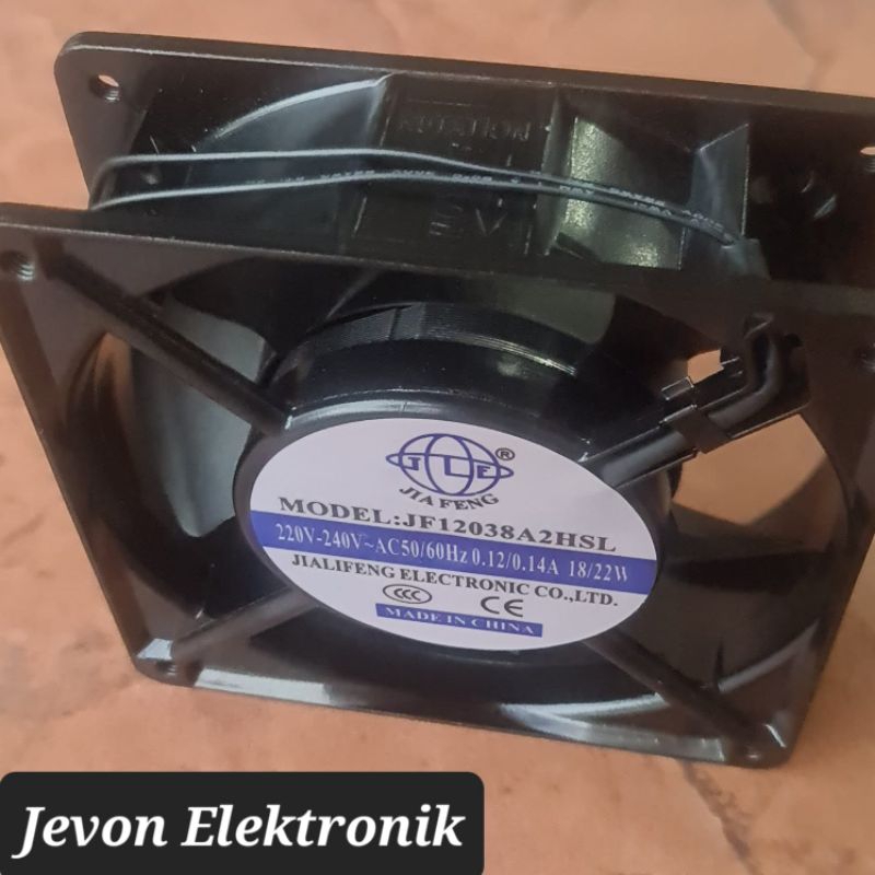 Kipas AC Cooling Fan 220 240 V Volt 12x12 cm Jiafeng JF12038A2HSL 50/60Hz 0.12/0.14 A Ampere 18/22 W Watt Made In China Jialifeng 220v 240v 50Hz 60Hz 0.12A 0.14A 18W 22W