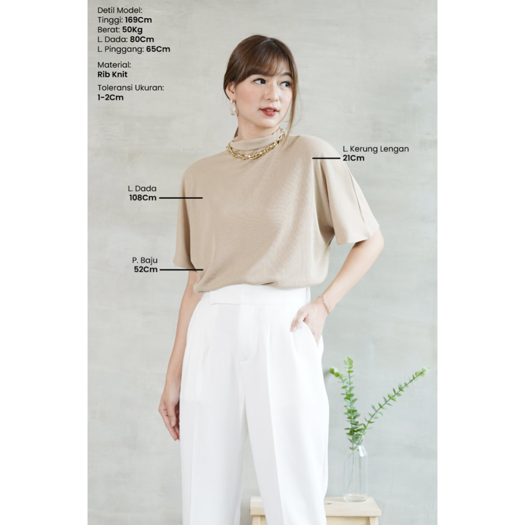 TSHIRT SHORT SLEEVE TURTLENECK BLOUSE RIB KNIT TOP - KAOS RAJUT KERAH RAJUT GEYSHA