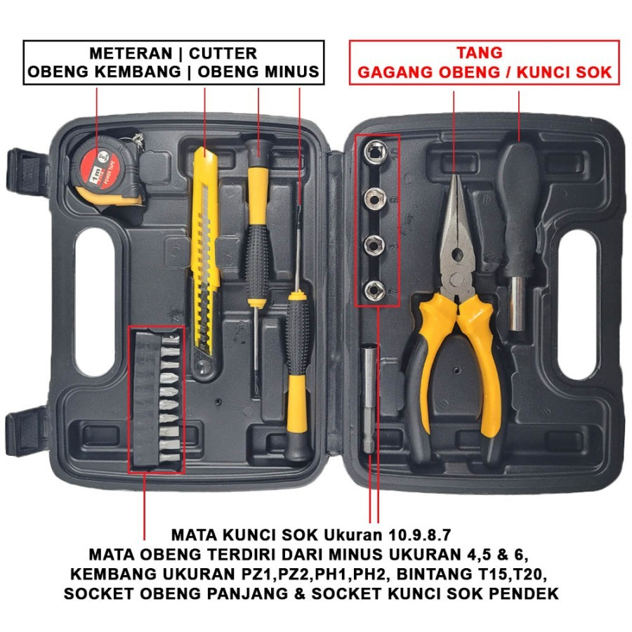 Toolkit Box TB022 - 22 Set Kunci Sok Obeng Set Cutter Meteran - Kenji Shop