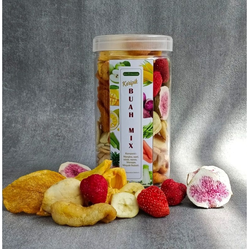 Mix Fruits Chips In Jar Premium - Dengan Buah Tin &amp; Strawberry - Buah mix Buah Tin dan Strawberry Kemasan Toples