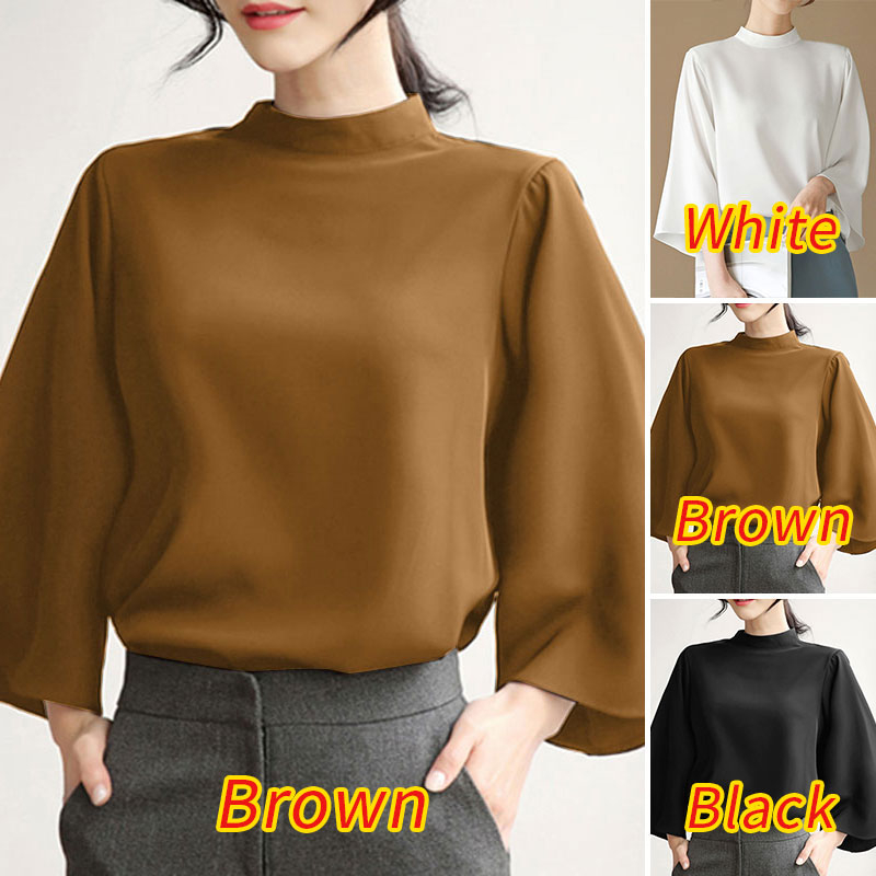 Women Korean Collared Solid Color Flare Sleeve 3/4 Sleeve Loose Blouse