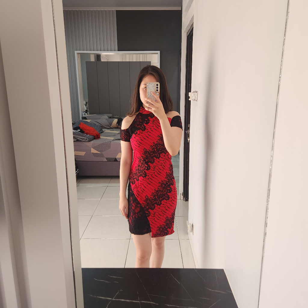 Batik Dress Red Black Merah Hitam Cheongsam Halter Short Sleeve Off Shoulder - NO NEGO & CHAT ONLY F