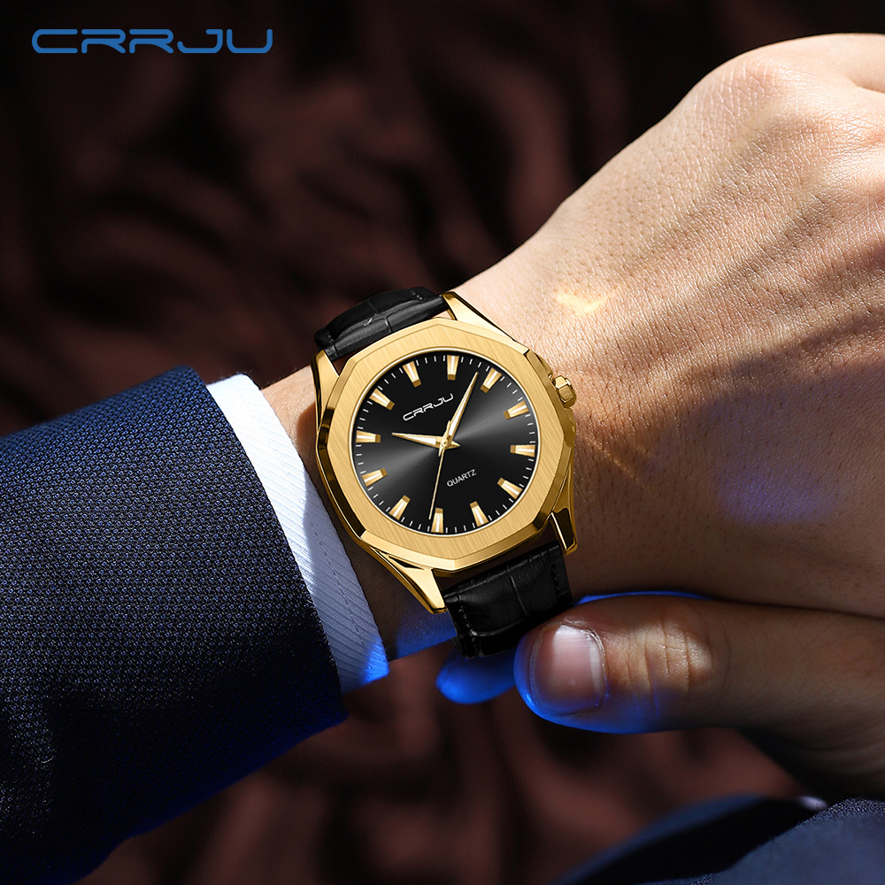 CRRJU Jam Tangan Pria Original Anti Air Kulit Tahan Keren Bercahaya Luxury Kuarsa Jam Tangan Cowok