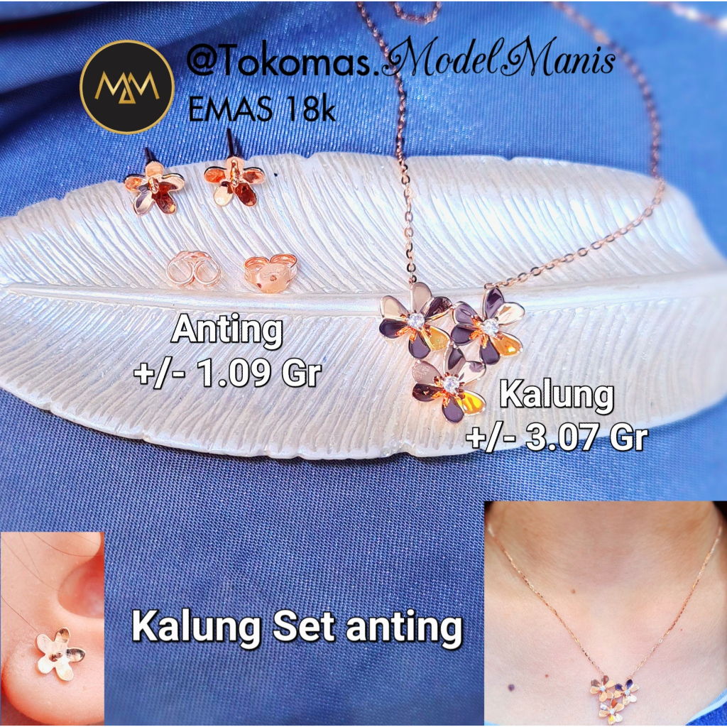 Kalung Set Anting Flower Emas Rosegold 750 Kadar 18k