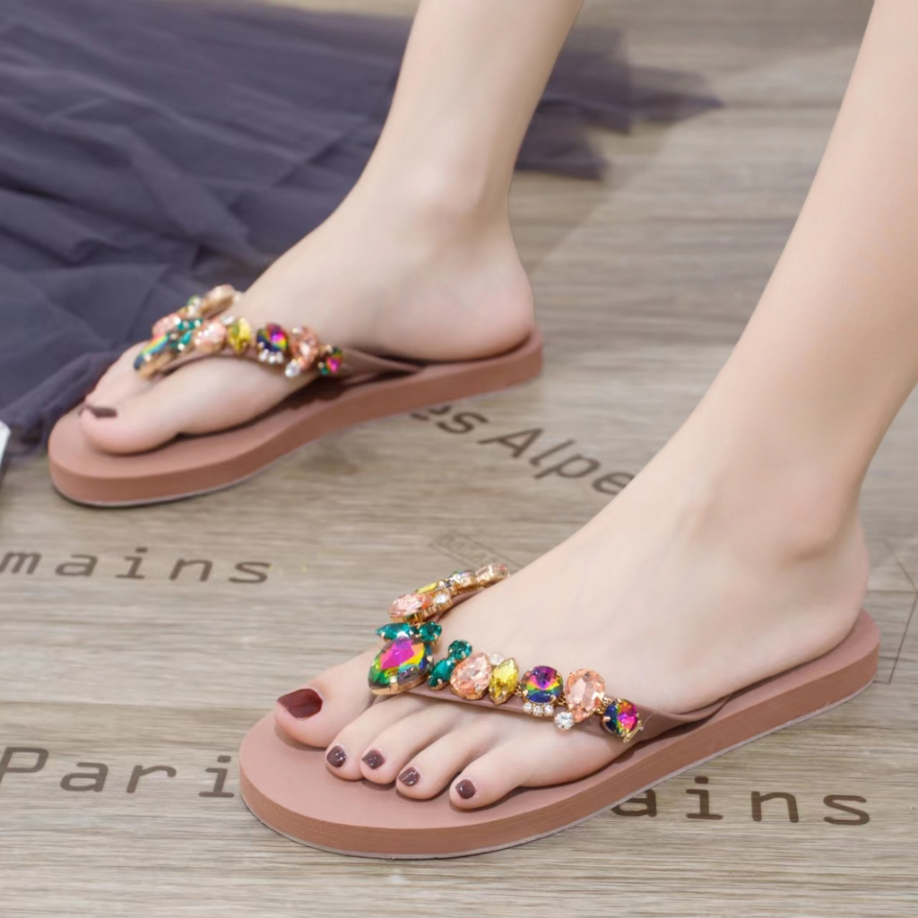 TERMURAH Sendal Ingvivi Wedges Jepit158-5  / Sandal Ingvv Swarovsky Wedge Permata /  Spon Flip