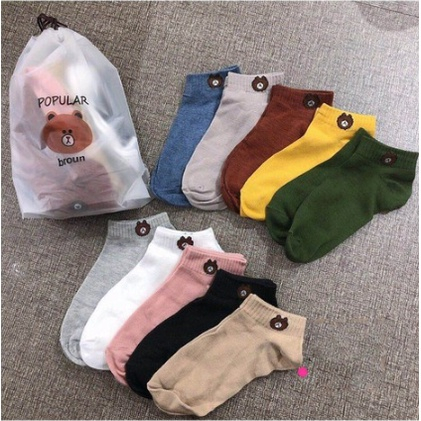 Kaos Kaki Wanita Pendek Ankle Semata Kaki Bear Beruang Lucu Satuan Mix Warna 10 Pasang Kemasan Pouch