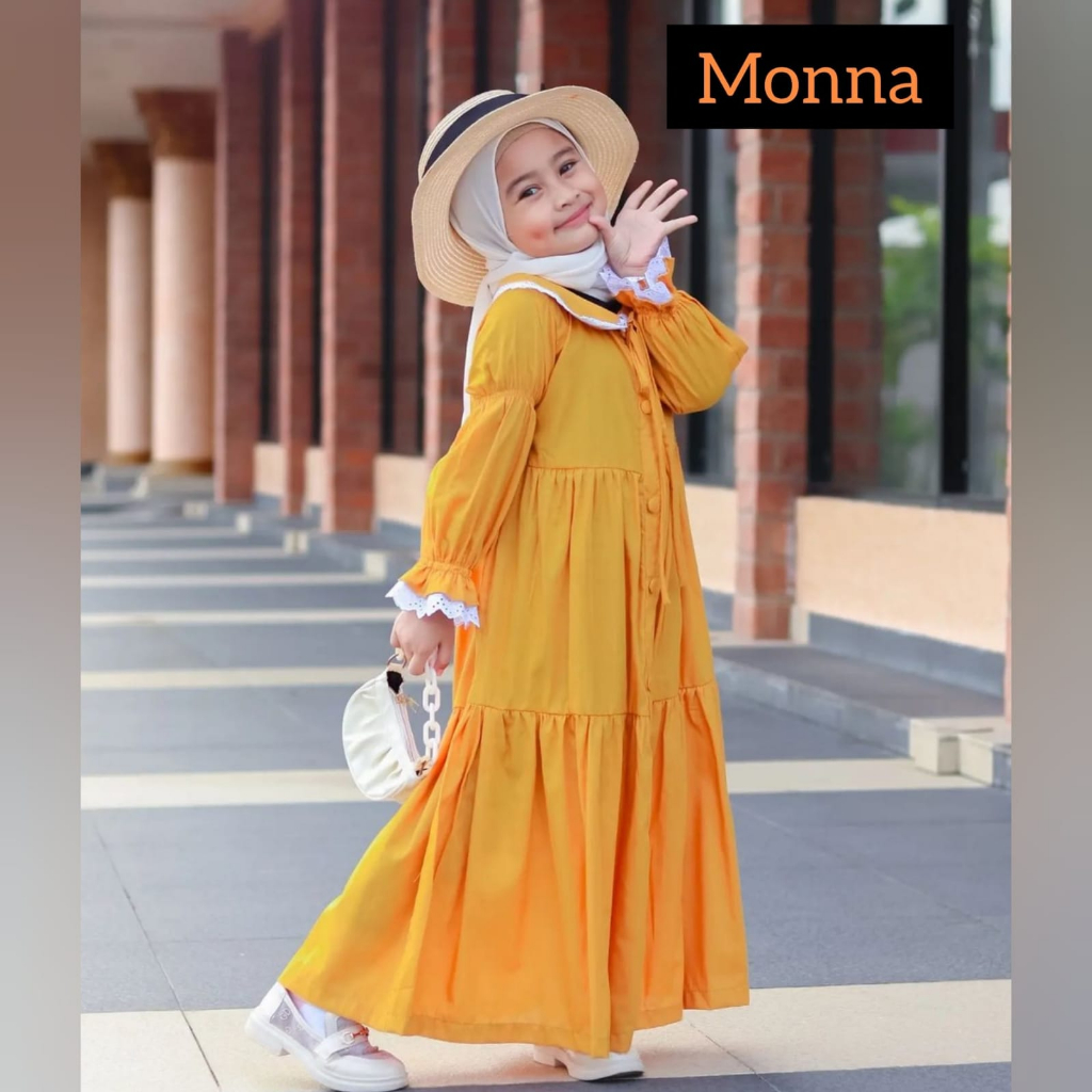 Gamis Anak Perempuan Terabaru Mona Dress Kids Matt Katun Rayon Variasi Renda &amp; Kancing Aktif Umur 8,9,10 Tahun Fashion Muslim Anak Perempuan