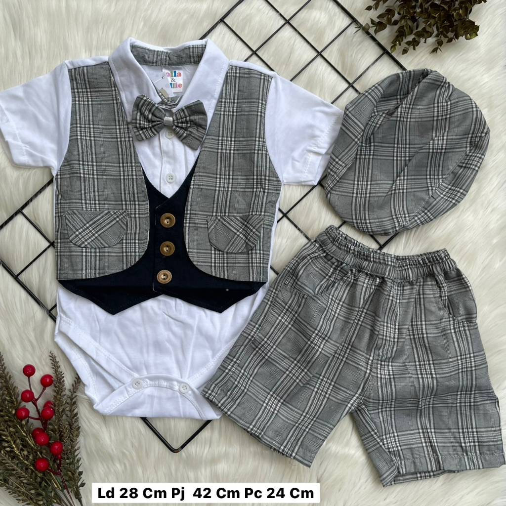 Baju Bayi Laki laki Setelan Jumper celana topi motif kotak ootd