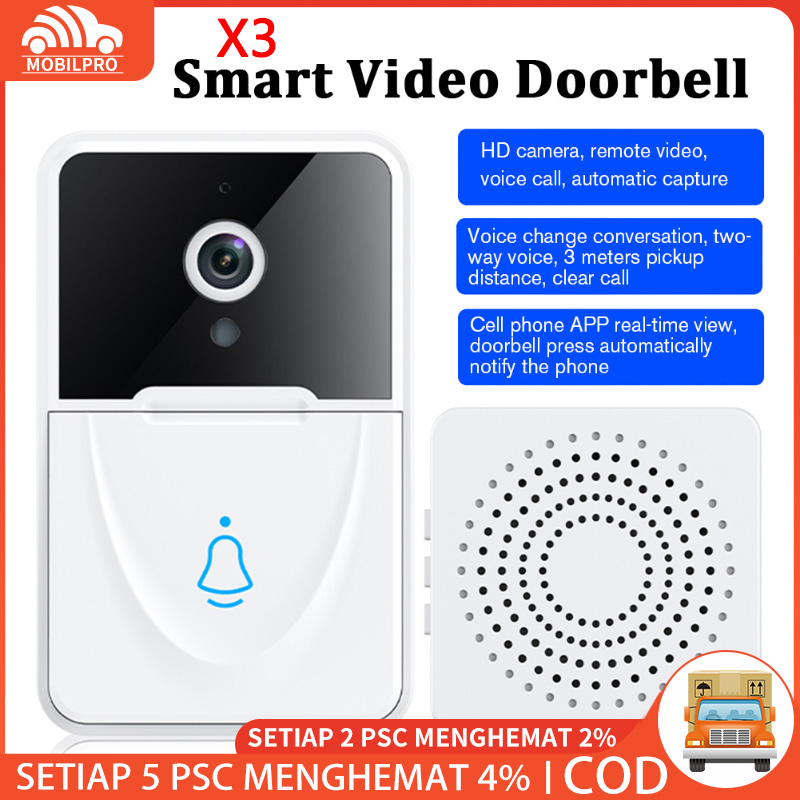 Bel Rumah Wireless Waterproof Pintu Visual Nirkabel Cerdas Lonceng Pintu Anti-Pencurian WiFi Kontrol Aplikasi Remote / X3 Wireless Doorbell Outdoor HD Camera Security Door Bell Night Vision Video Intercom Voice Change for Home Monitor Door Phone