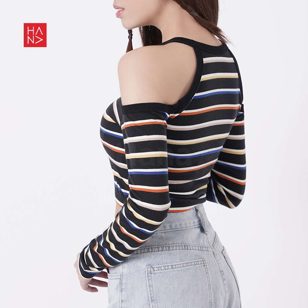 Hana Fashion JKT - Yovita Stripe Halter Long Sleeve T-shirt - TS406