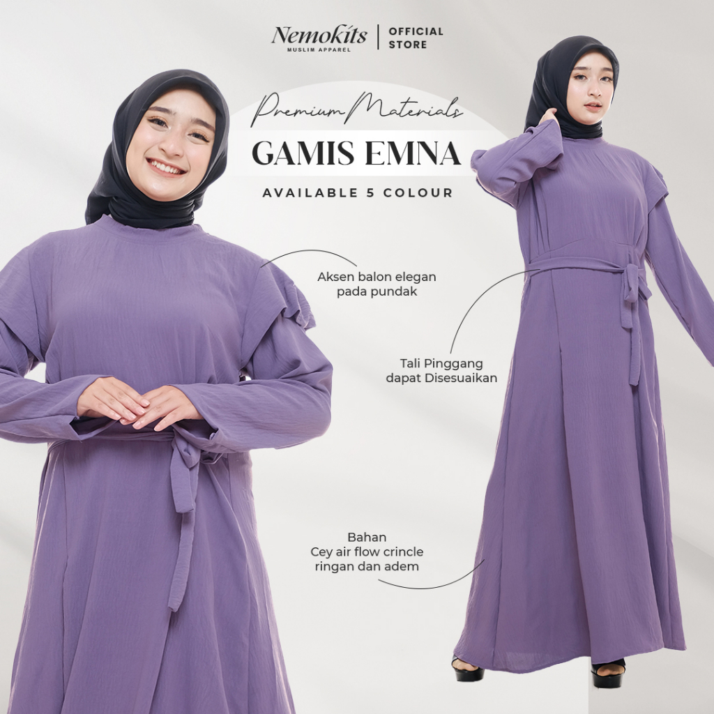 Emna Gamis Polos Pundak Balon Bahan Crinkle Maxi Dress Pakaian Muslim Wanita Warna Ungu Lilac All Si
