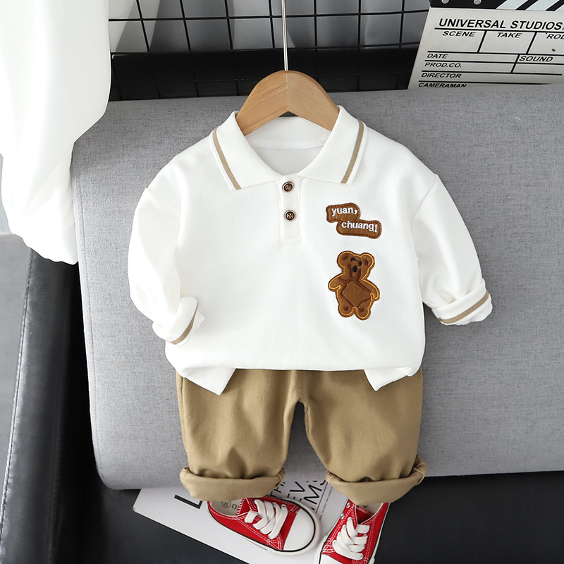 baju setelan anak lakilaki usia 6 bulan - 5 tahun motif beruang cream dan putih keren import premium pakaian anak