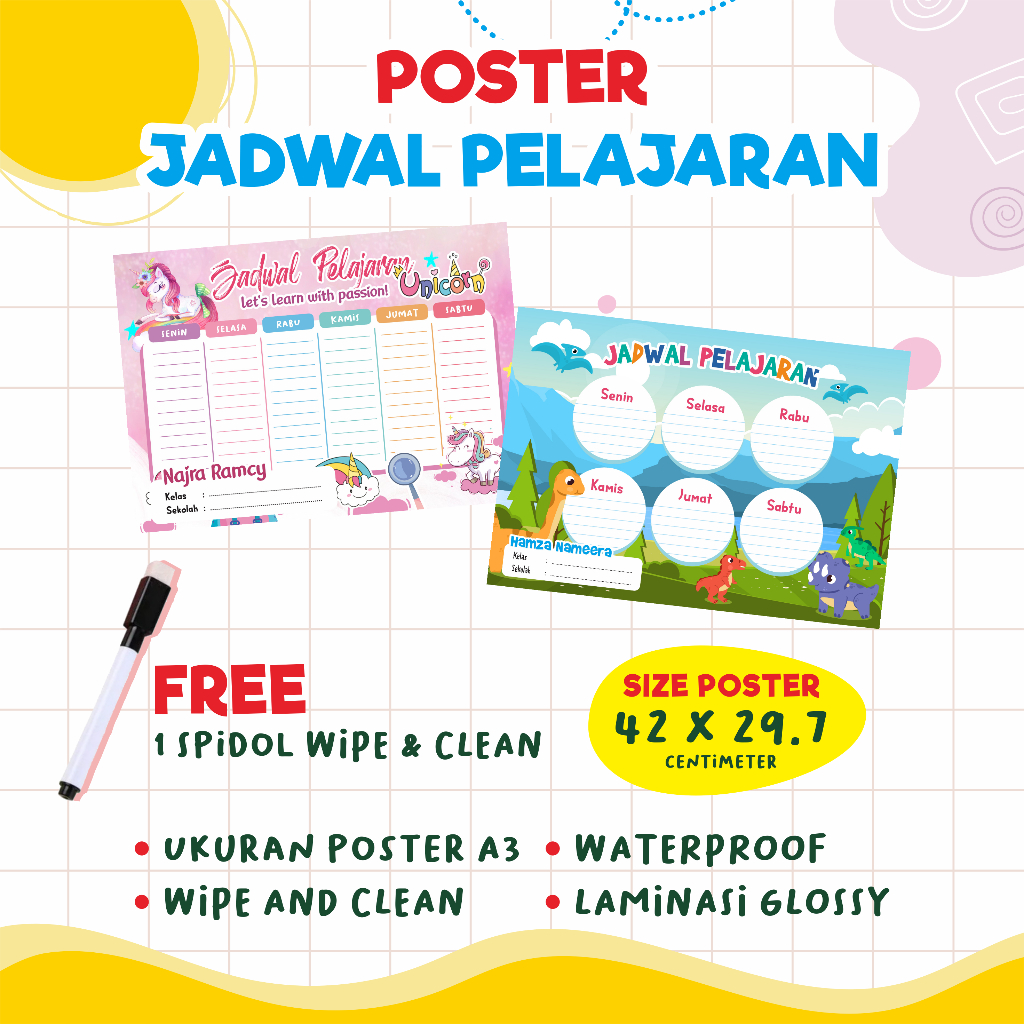 

POSTER JADWAL PELAJARAN CUSTOM NAMA / TIMETABLE WIPE AND CLEAN