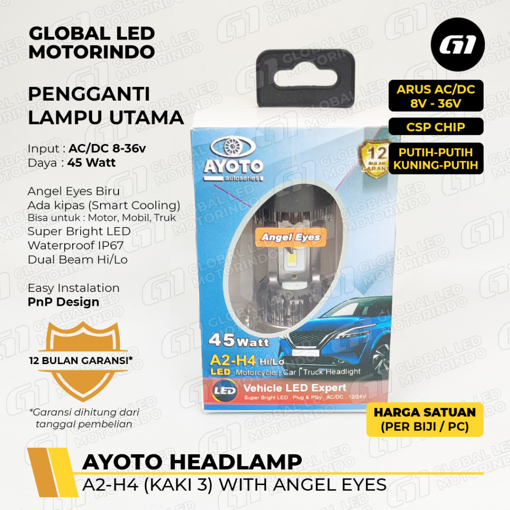 [AYOTO] LAMPU DEPAN (HEADLAMP) H4 LED AE2-H4 (ANGEL EYES WARNA BIRU)/a2h4 UNTUK MOBIL / MOTOR LAKI