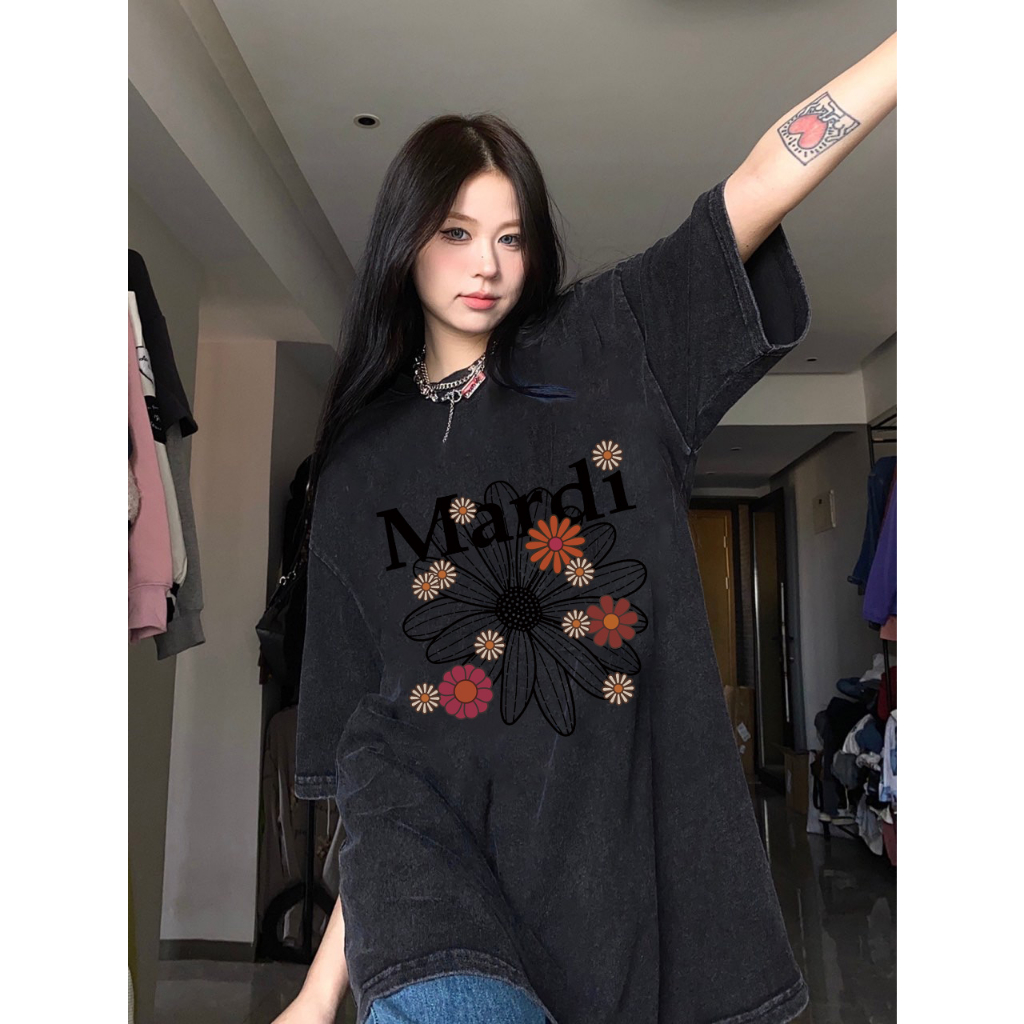 RDGF oversized washed T-shirt   photo of floral pattern kaos  keren Kaos retro Amerika t shirt unisex/A0938