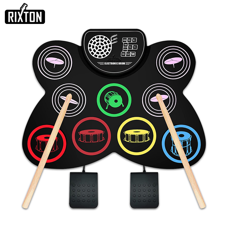 Rixton 9 Pads Electronic Drum Set Roll-Up Silicone Digital Drum Built-in Speaker Tabletop Practice